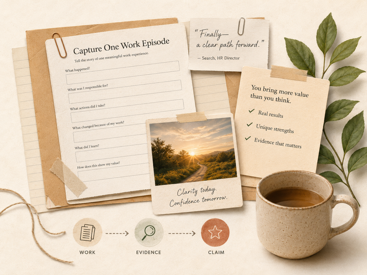 Warm desk collage showing a Capture One Work Episode worksheet, evidence checklist, note cards, mug, leaves, and a Work to Evidence to Claim flow.