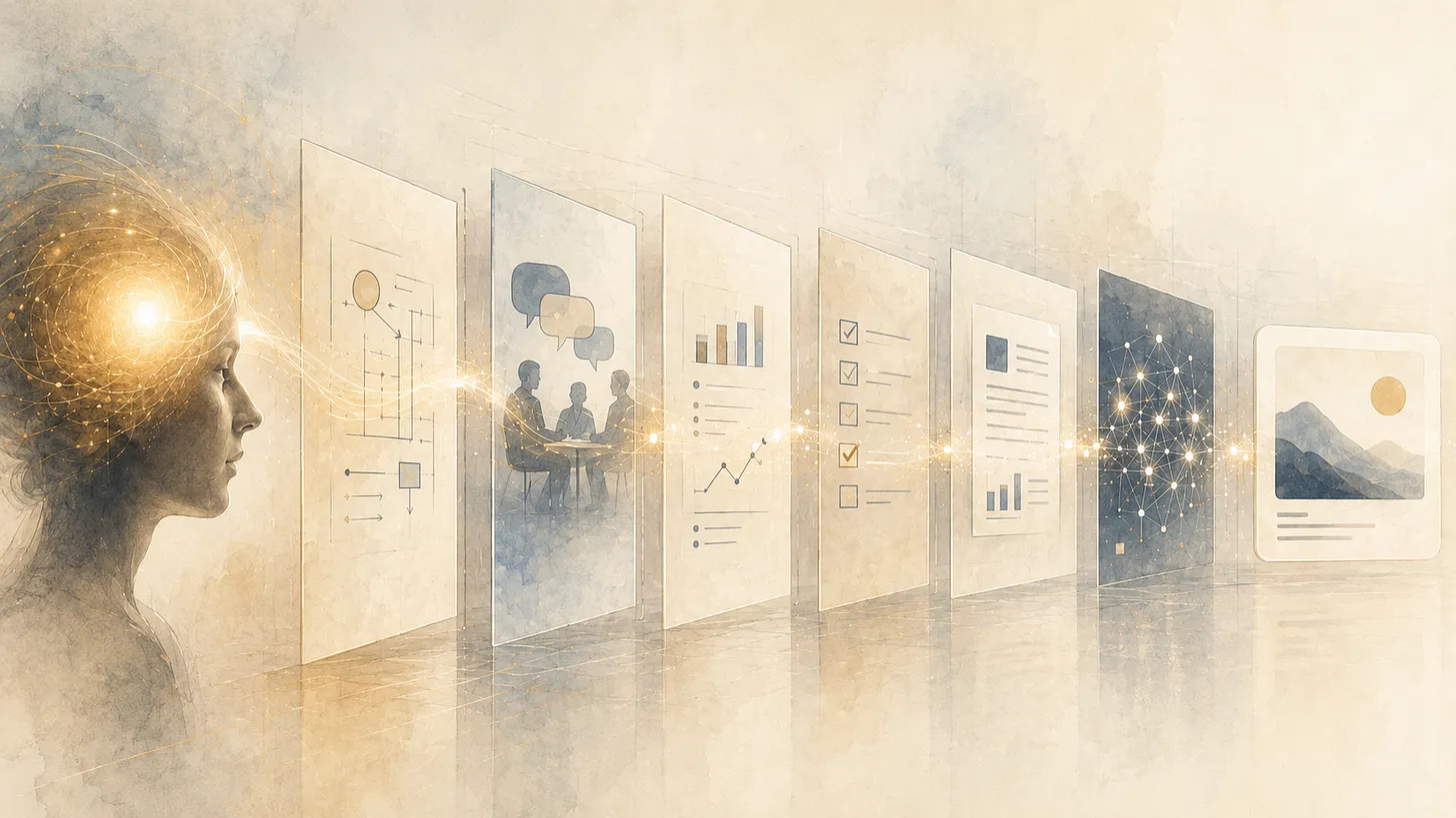 Abstract image of a human profile, flowing light, documents, charts, checklists, and connected systems representing intent moving through structured work.
