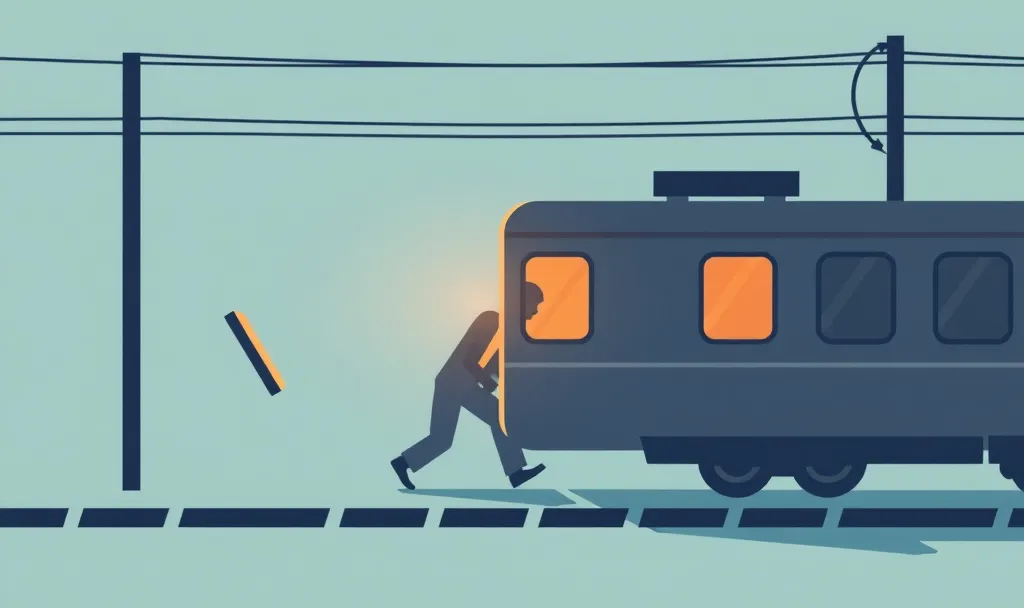 Stylized illustration of a person pushing a rail car forward while a detached object trails behind, representing effort, motion, and misalignment between activity and progress.